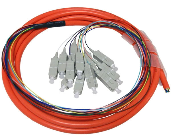 12 strand multimode OM1 SC fiber optic pigtail with orange jacket.