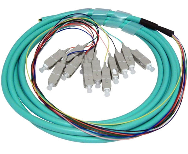 12 strand multimode OM3 SC fiber optic pigtail with aqua jacket.