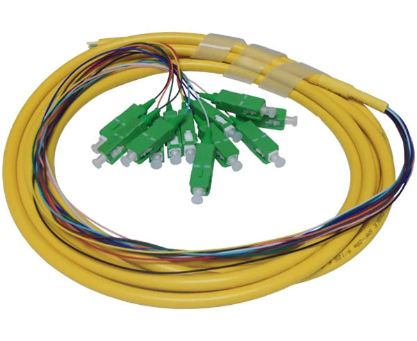 12 strand single-mode APC SC fiber optic pigtail with yellow jacket.