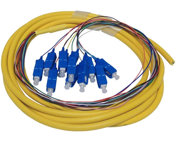 12 strand single-mode SC fiber optic pigtail with yellow jacket.