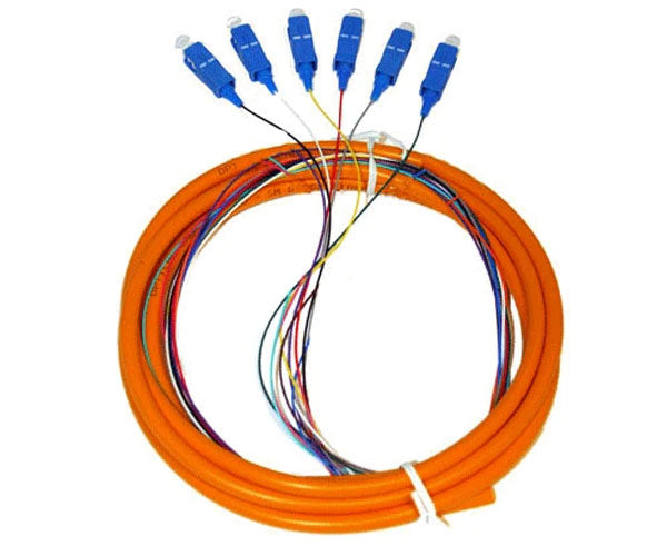 6 strand multimode OM1 SC fiber optic pigtail with orange jacket.