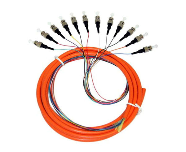 12 strand multimode OM1 ST fiber optic pigtail with orange jacket.