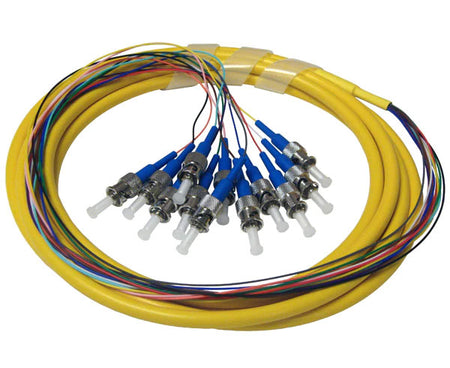 12 strand single-mode UPC ST fiber optic pigtail with yellow jacket.