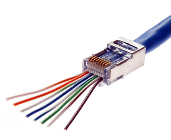 Cat5e shielded EZ-RJ45 modular plug installed on a blue network cable.