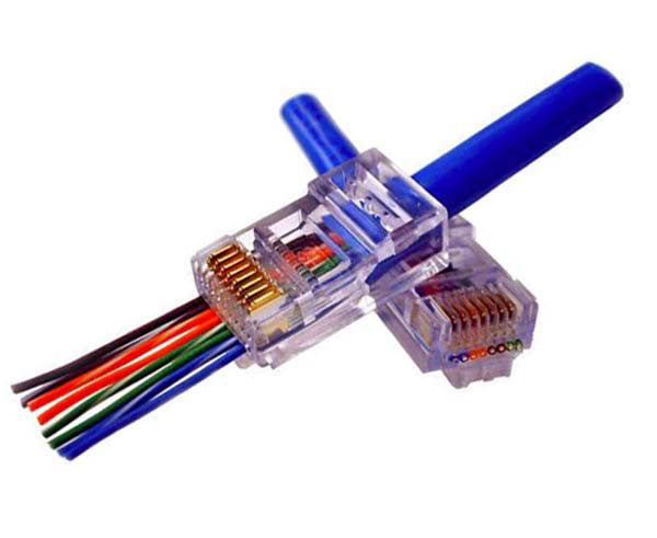 Two Cat5e EZ-RJ45 modular plugs installed on blue network cables.