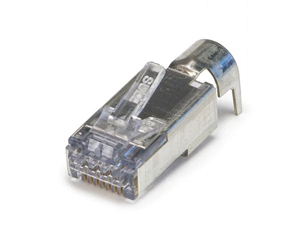 Cat6a ezEX 48 RJ45 connector with locking tab and metal body.