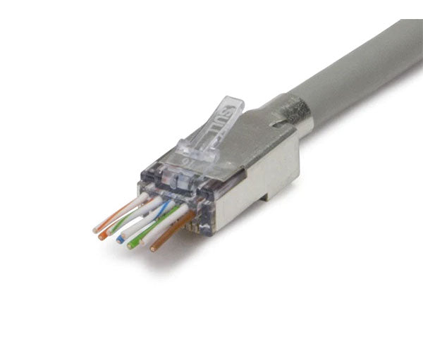 Cat6a ezEX 48 RJ45 connector with locking tab installed on a gray network cable.