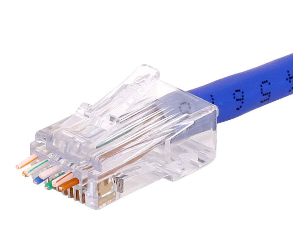 Cat6 ezEX 38 RJ45 connector with locking tab installed on a blue network cable before crimping.