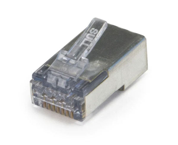 Cat6a ezEX 44 Shielded RJ45 Connector with metal body and locking tab.