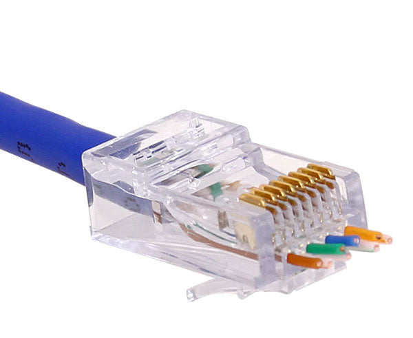 Cat6 ezEX 44 RJ45 PoE+ plug installed on a blue network cable before crimping.