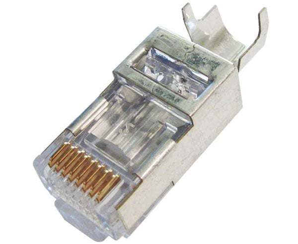 Cat6 EZ-RJ45 shielded plug with metal body and external ground tab.