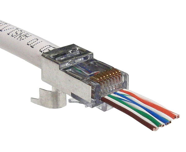 Cat6 EZ-RJ45 shielded plug installed on white network cable before crimping.