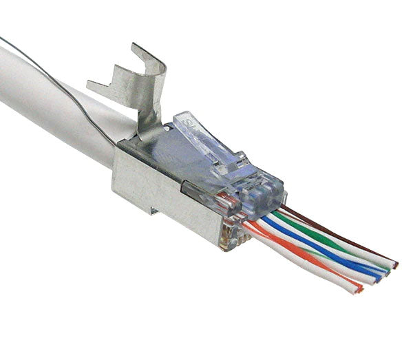 Cat6 EZ-RJ45 shielded plug installed on white network cable before crimping with drain wire.