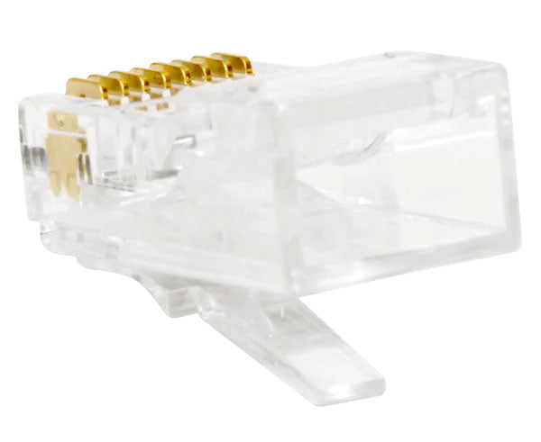A standard Cat5e RJ45 plug with cable entry.
