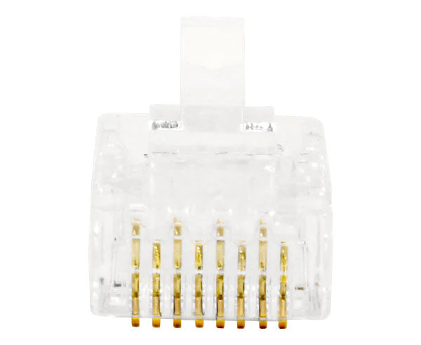 A standard Cat5e RJ45 plug with gold plated connectors.