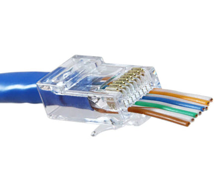 A Cat5e quick feed RJ45 plug installed on a blue network cable before crimping.