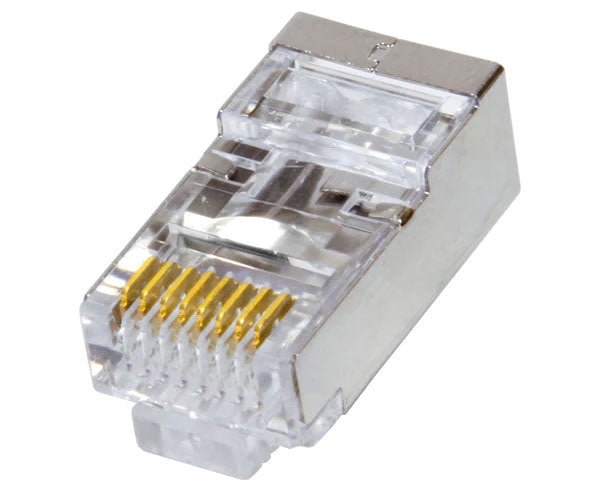 A Cat5e quick feed shielded RJ45 plug with metal body.