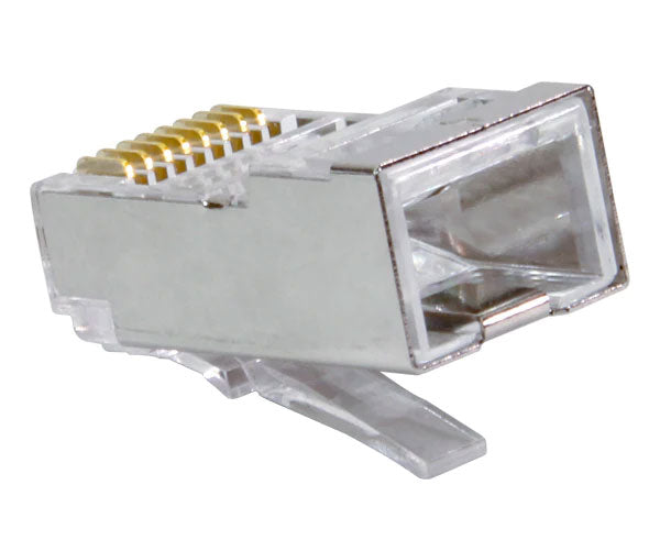 A Cat5e quick feed shielded RJ45 plug with internal ground tab.