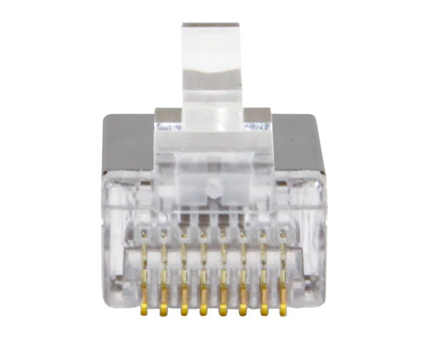 A Cat5e quick feed shielded RJ45 plug with gold plated connectors.