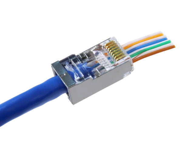 A Cat5e quick feed shielded RJ45 plug on a blue network cable before crimping.