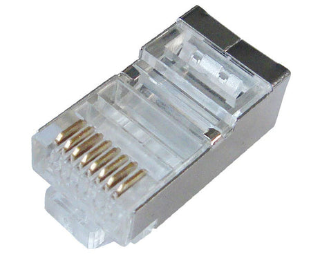 A Cat5e shielded RJ45 plug with gold plated connectors.