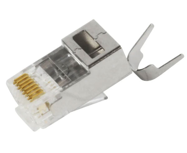 A Cat6 Quick Feed Shielded RJ45 Plug showing external ground tab.