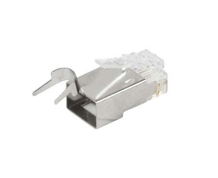 A Cat6 Quick Feed Shielded RJ45 Plug showing external ground and locking tab.