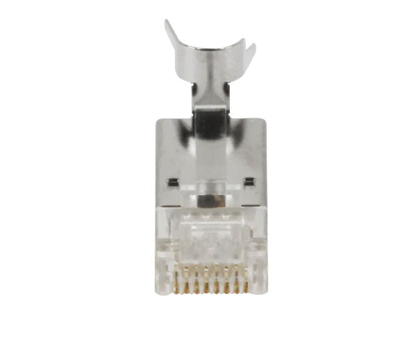 A Cat6 Quick Feed Shielded RJ45 Plug with gold-plated connectors, a locking tab, and external ground.