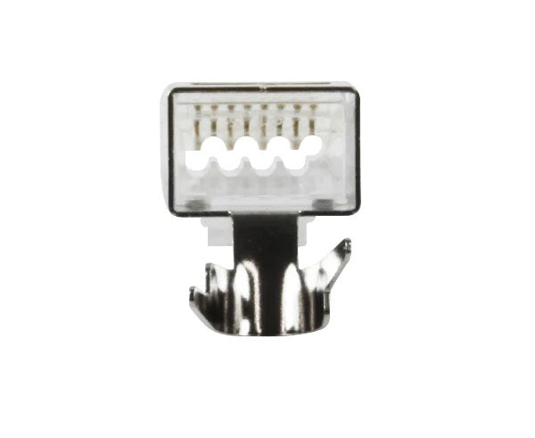 A Cat6 Quick Feed Shielded RJ45 Plug with staggered wire feed.