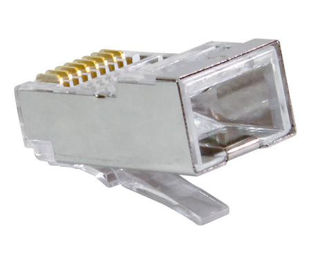 A Cat6 Quick Feed Shielded RJ45 Plug with metal body and internal ground.