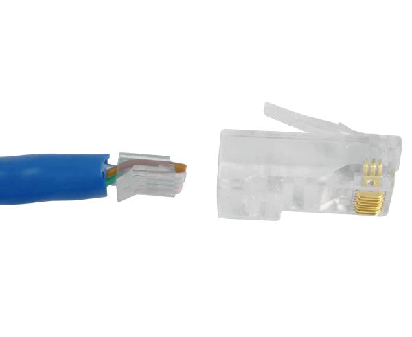 A Cat6 RJ45 plug with stripped network cable showing insert placement.
