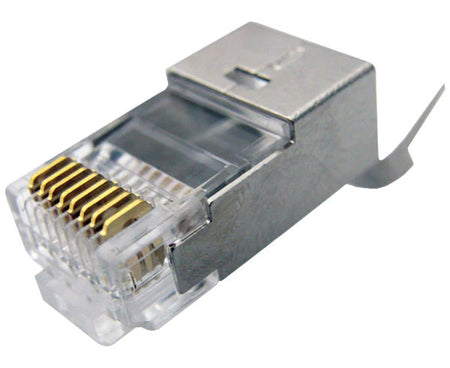 A shielded Cat6 RJ45 Plug with metal body and gold plated connectors.