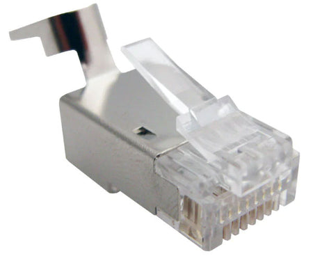 A shielded Cat6 RJ45 Plug with locking tab and external ground.