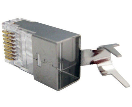 A shielded Cat6 RJ45 Plug with metal body and external ground tab.