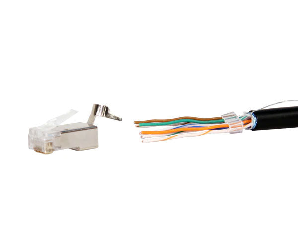 A shielded Cat6 RJ45 Plug with a stripped network cable showing insert placement.