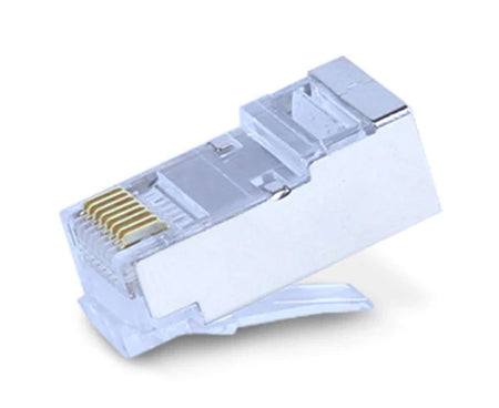 A shielded Cat6a RJ45 Plug with metal body and gold plated connectors.