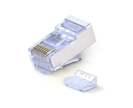 A shielded Cat6a RJ45 Plug with metal body and insert.