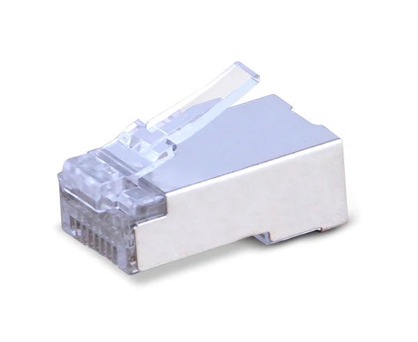 A shielded Cat6a RJ45 Plug with metal body and locking tab.