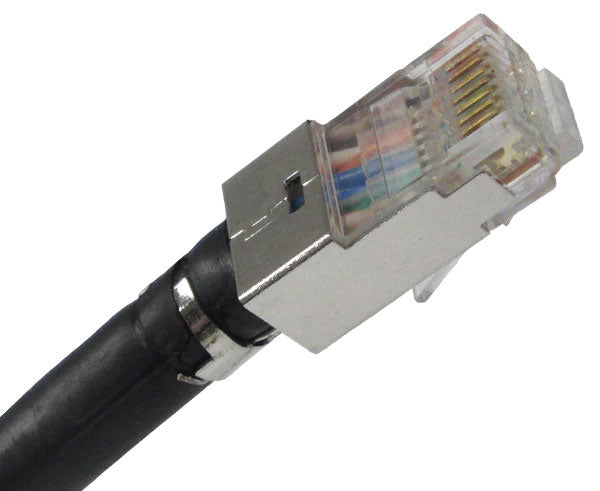 Shielded cat 6a RJ45 plug with external ground tab on a black network cable.
