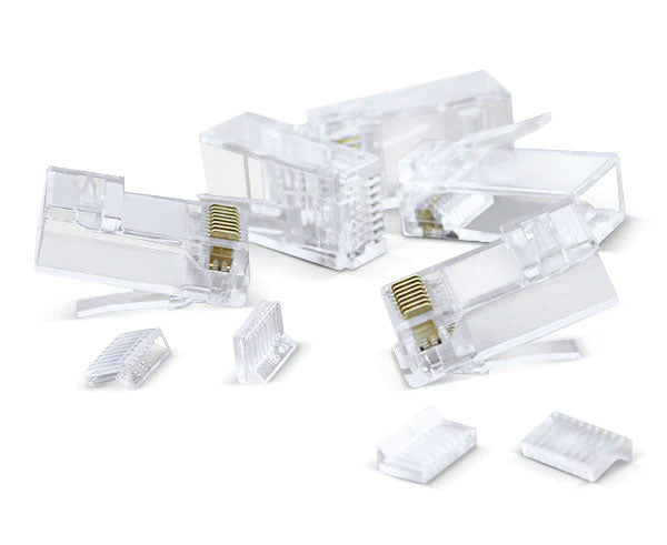 A pile of RJ45 plugs and inserts for slim stranded cable.