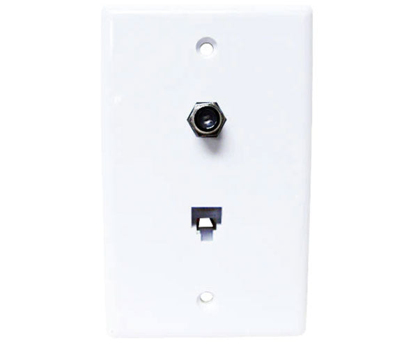White single-gang rj11 & f-81 wall plate with nickel plated connector.