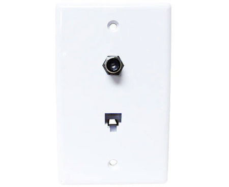 White single-gang rj11 & f-81 wall plate with nickel plated connector.