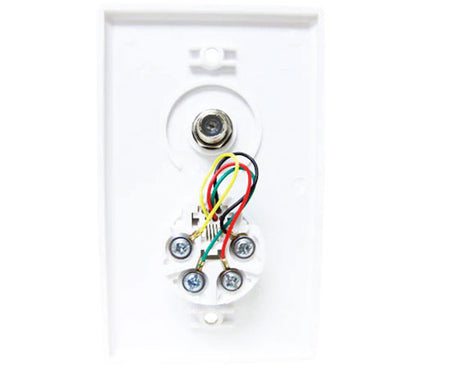 White single-gang rj11 & f-81 wall plate with showing rj11 wiring.