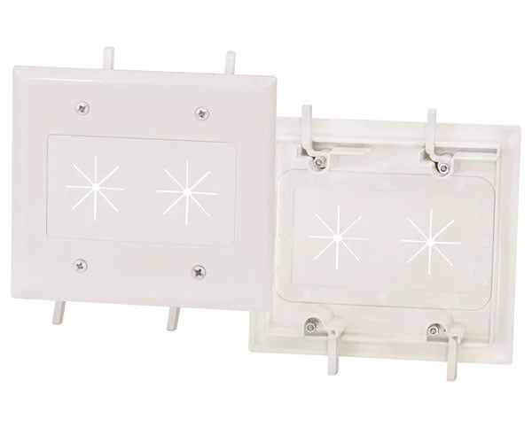 White dual-gang split feed through wall plate with box latches.