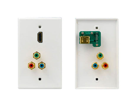 Single-gang hdmi & 3 rca connector with red, blue and green connectors.
