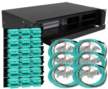 72 strand OM3 multimode SC slide-out 2U fiber patch panel kit with adapter plates and pigtails.