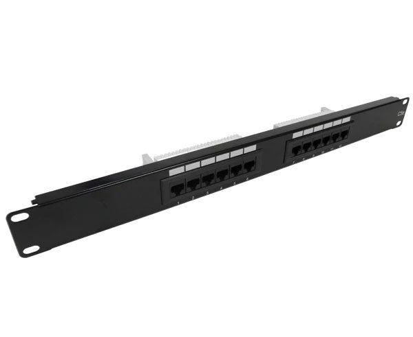 Front view of the 12-port CAT5E unshielded patch panel highlighting the port configuration