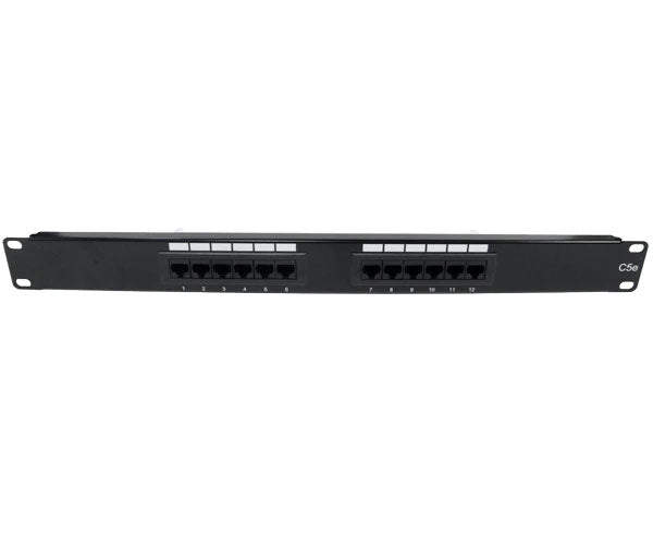 A 12-port CAT5E unshielded patch panel designed for 19-inch rackmount installation