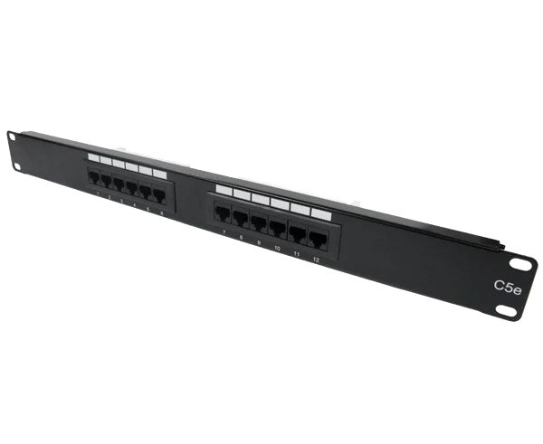 The 12-port CAT5E patch panel showcased on a plain white background for clarity