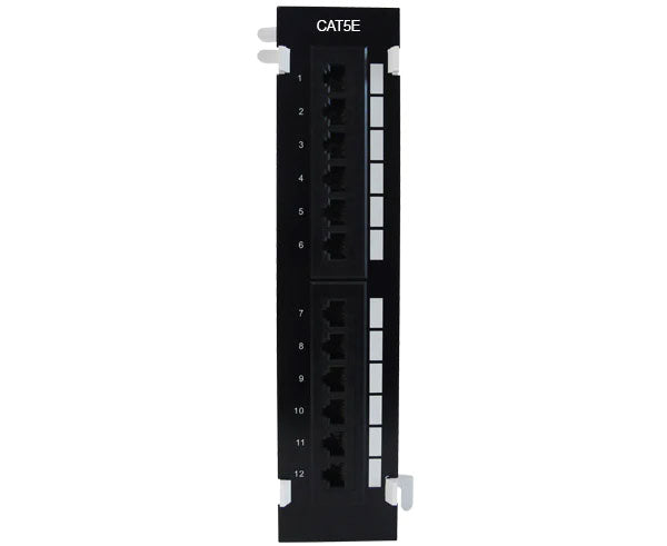 Front view of a 12-port CAT5E vertical wall mount patch panel with 89D bracket
